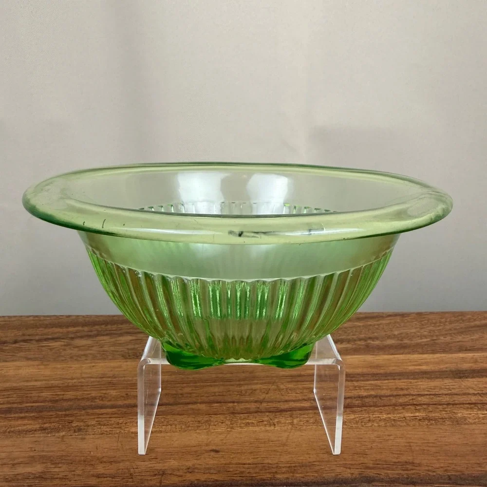 Federal Glass Diana Uranium Glass Bowl Green Ribbed Depression Glass 7 inch